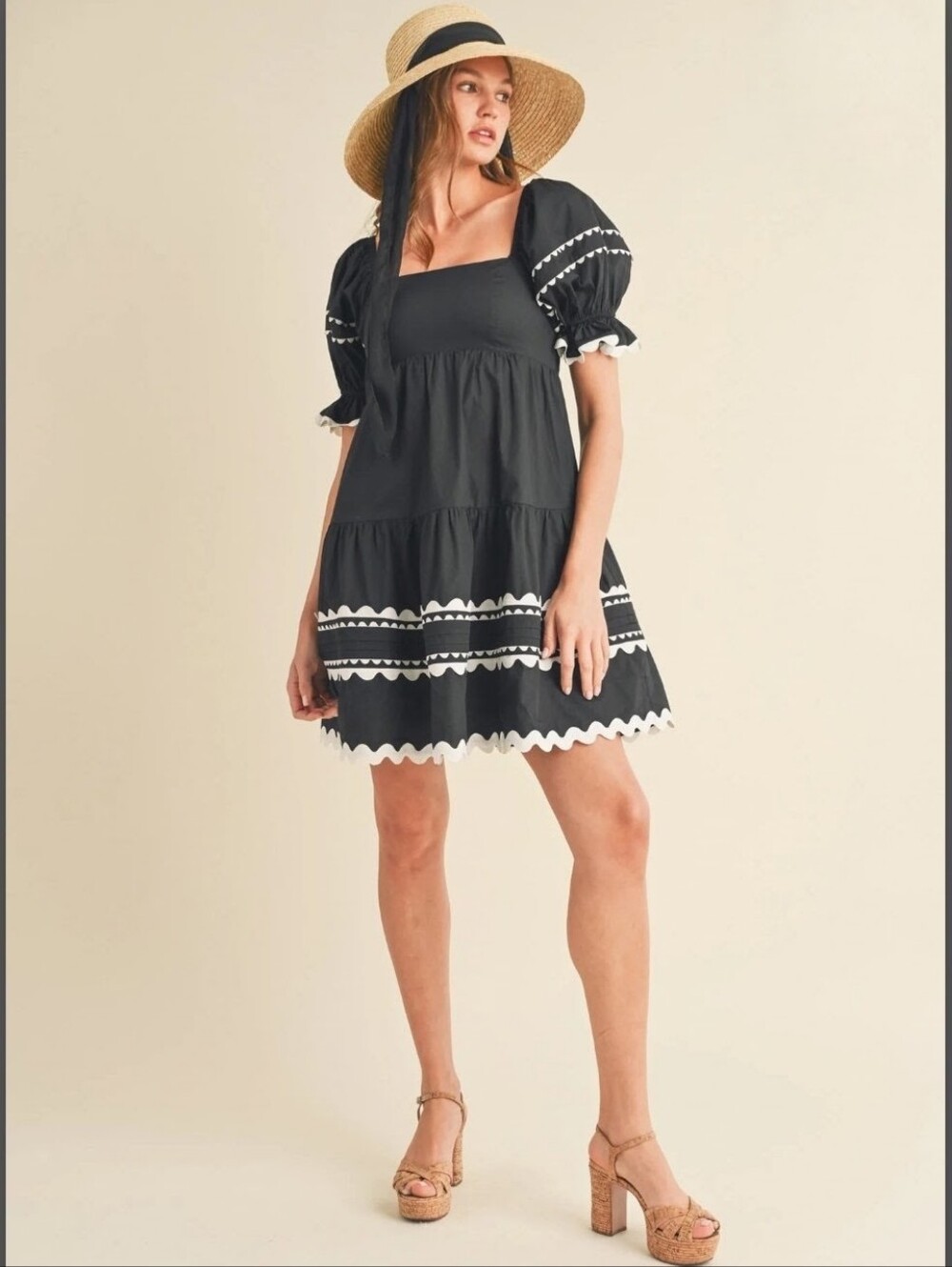 Black Puff-Sleeve Smocked Babydoll Dress with White Trim Sz L